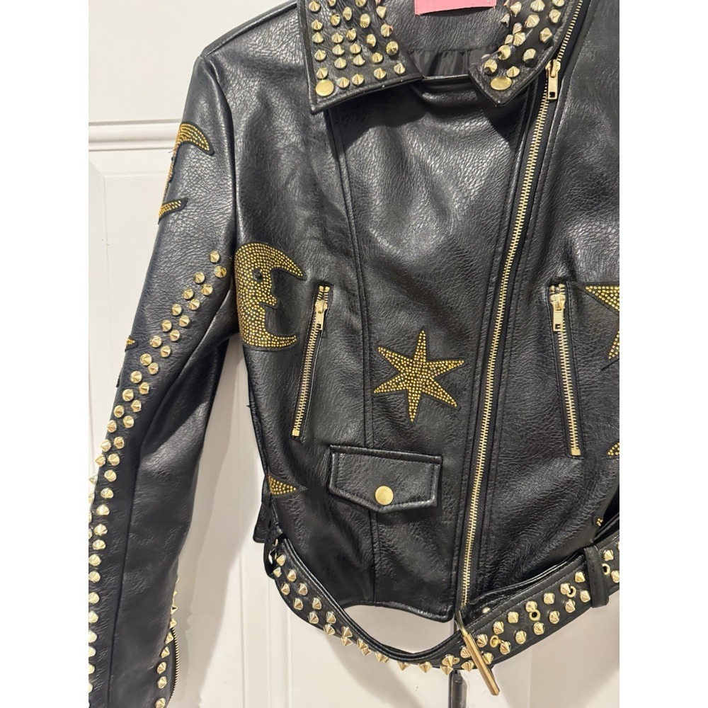 Azalea Wang Women's Black Studded Celestial Moto Jacket M Cropped Moon Stars M - Picture 5 of 15
